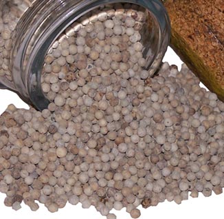 Whole white peppercorns in bulk — ripe Piper nigrum berries husked to reveal creamy white seeds